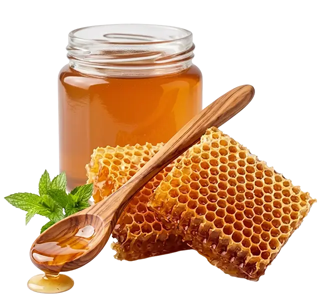 honey jar with honey on a spoon and honeycomb on the side