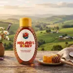 Midlands Honey bottle on a table with the midlands landscape in the background
