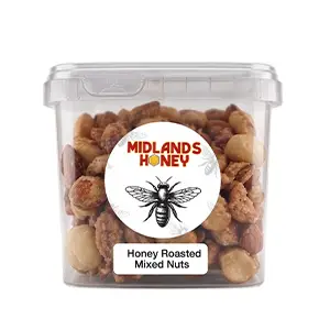 Midlands Honey Roasted Mixed Nuts in a clear square plastic tub