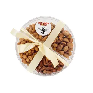 Midlands Honey circular gift box with an assortment of honey roasted nuts tied with a ribbon